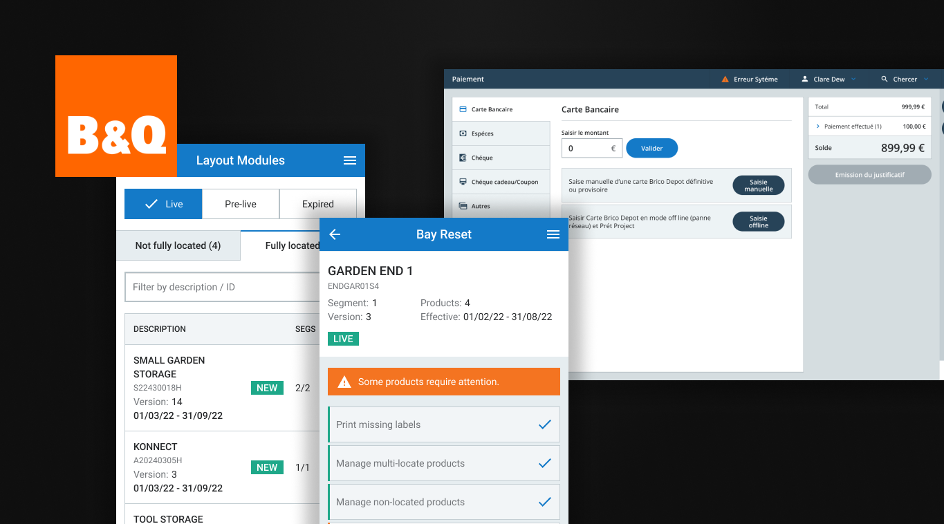 Image B&Q logo, 2 location management screens and an example from an EPOS till screen